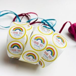500 qty roll rainbow thank you stickers. 1” round